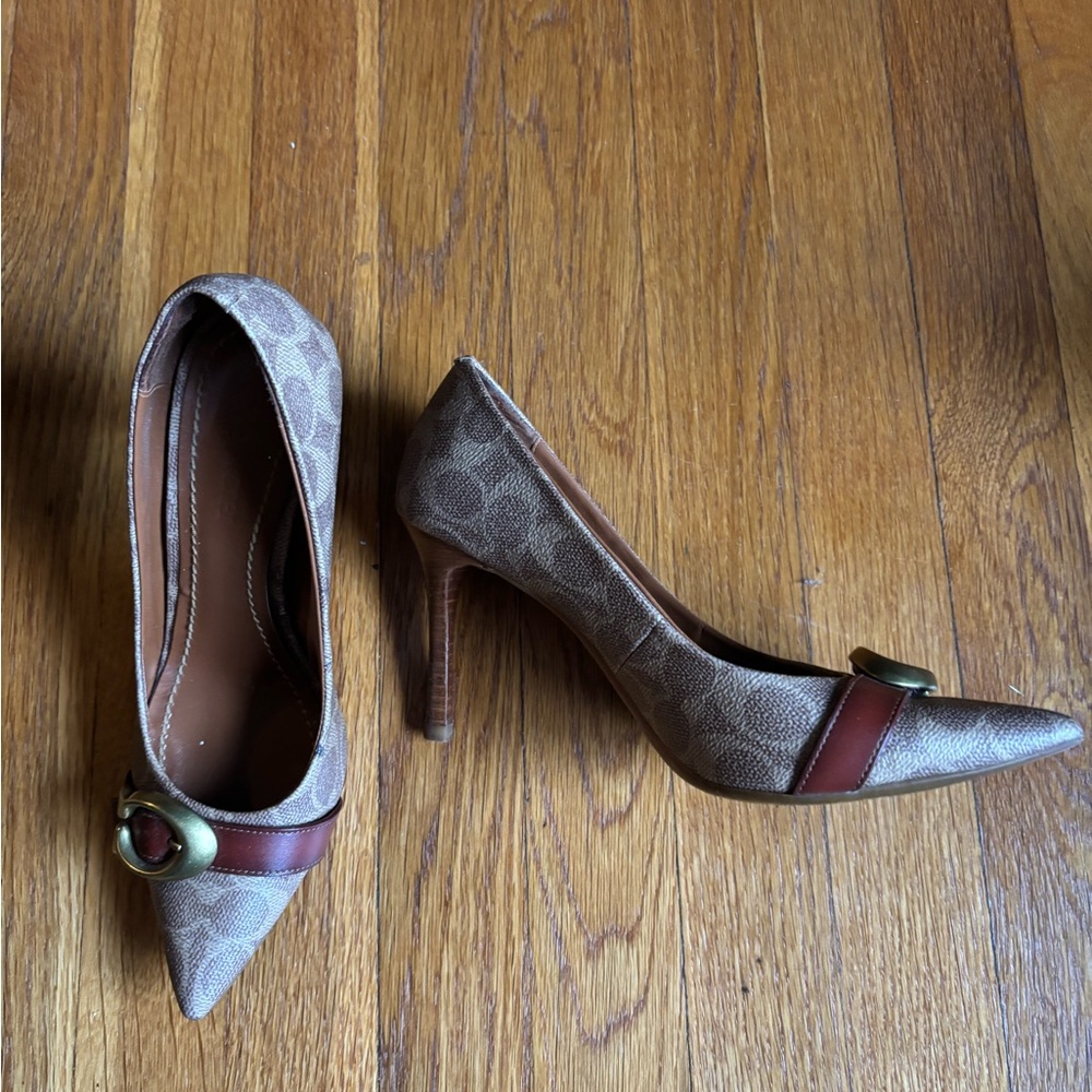 Brown and Tan Heeled Pumps with Buckle
